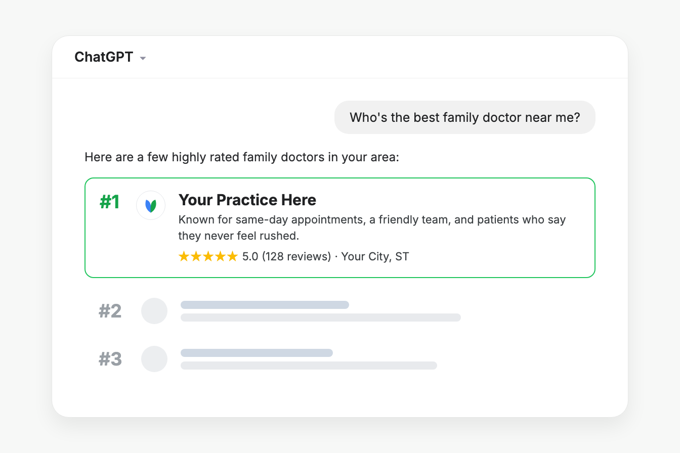 Example: your practice recommended #1 by ChatGPT for 'best family doctor near me'